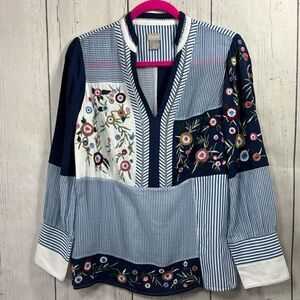 Chicos Mixed Print Embroidered Boho Blouse Size S Artsy 
Coastal Nautical